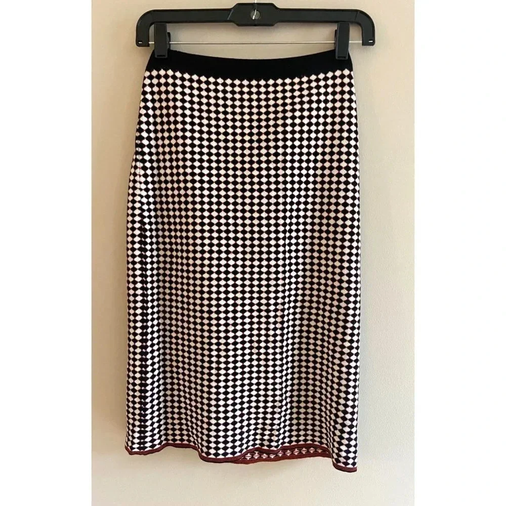 Ann Taylor Black White & Red Checkered Sweater Midi Skirt Size Small